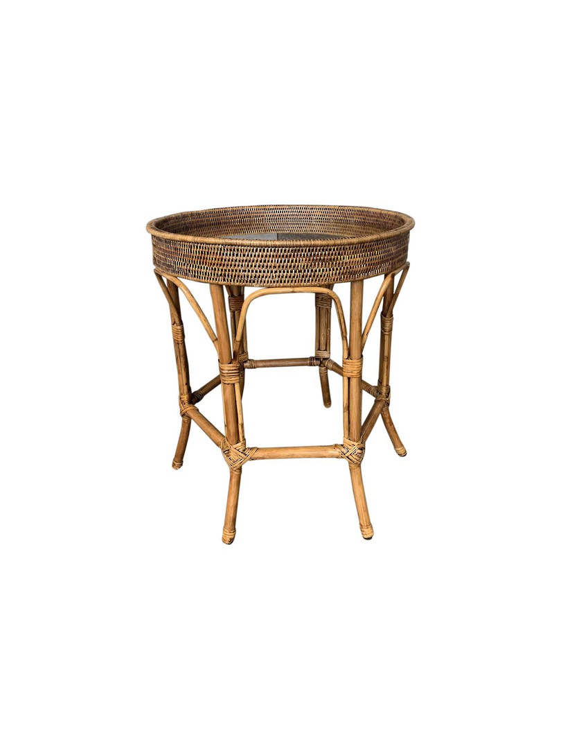 RATTAN COLONIAL ROUND SIDE TABLE WITH GLASS INSERT image 2